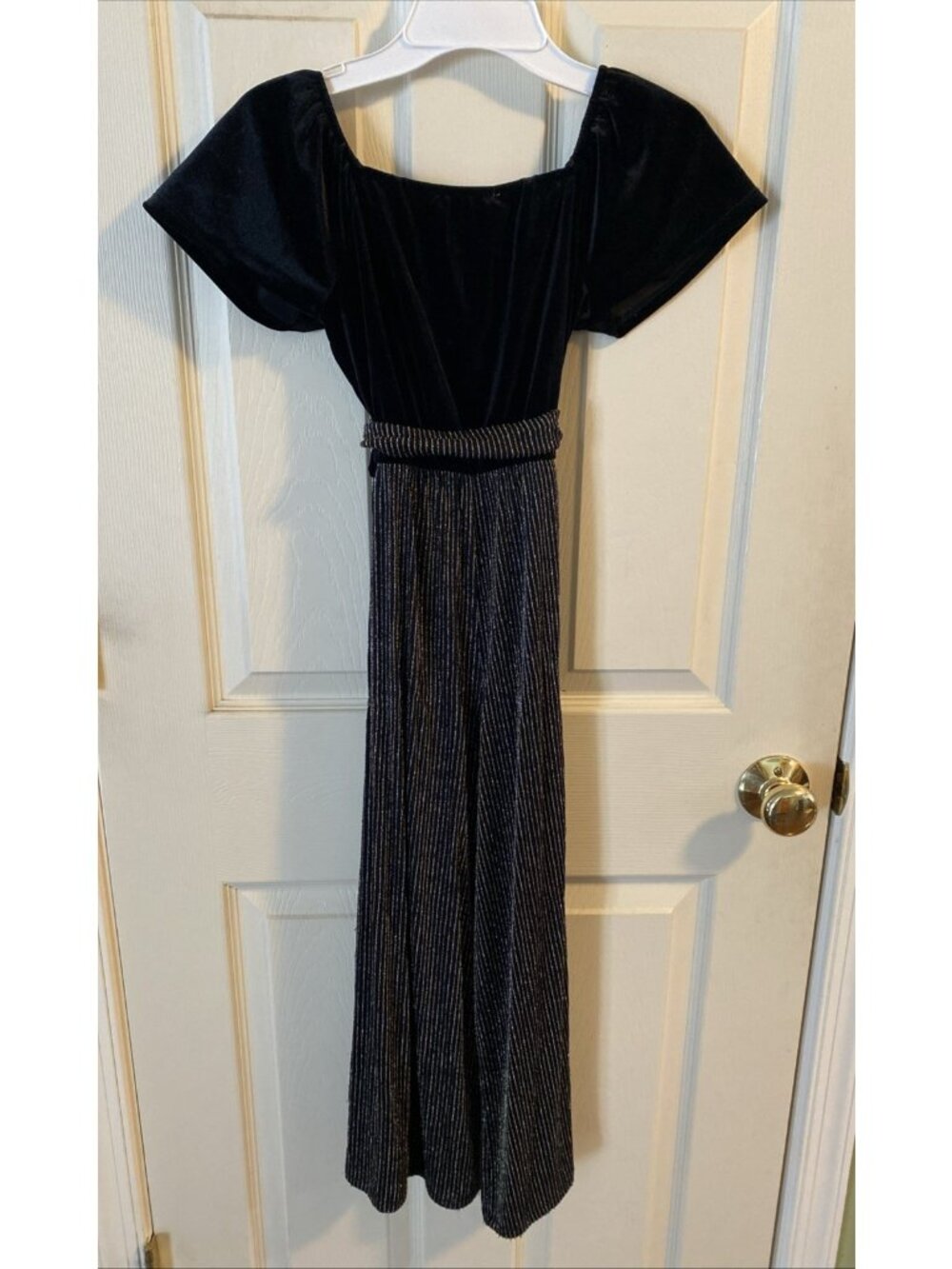 Knit Works Girls Flutter Sleeve S 7-8 Belted Square Neck Black/Metallic Jumpsuit - Picture 2 of 16